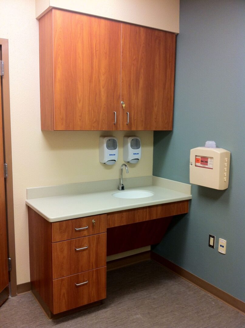 A room with a sink and cabinets in it